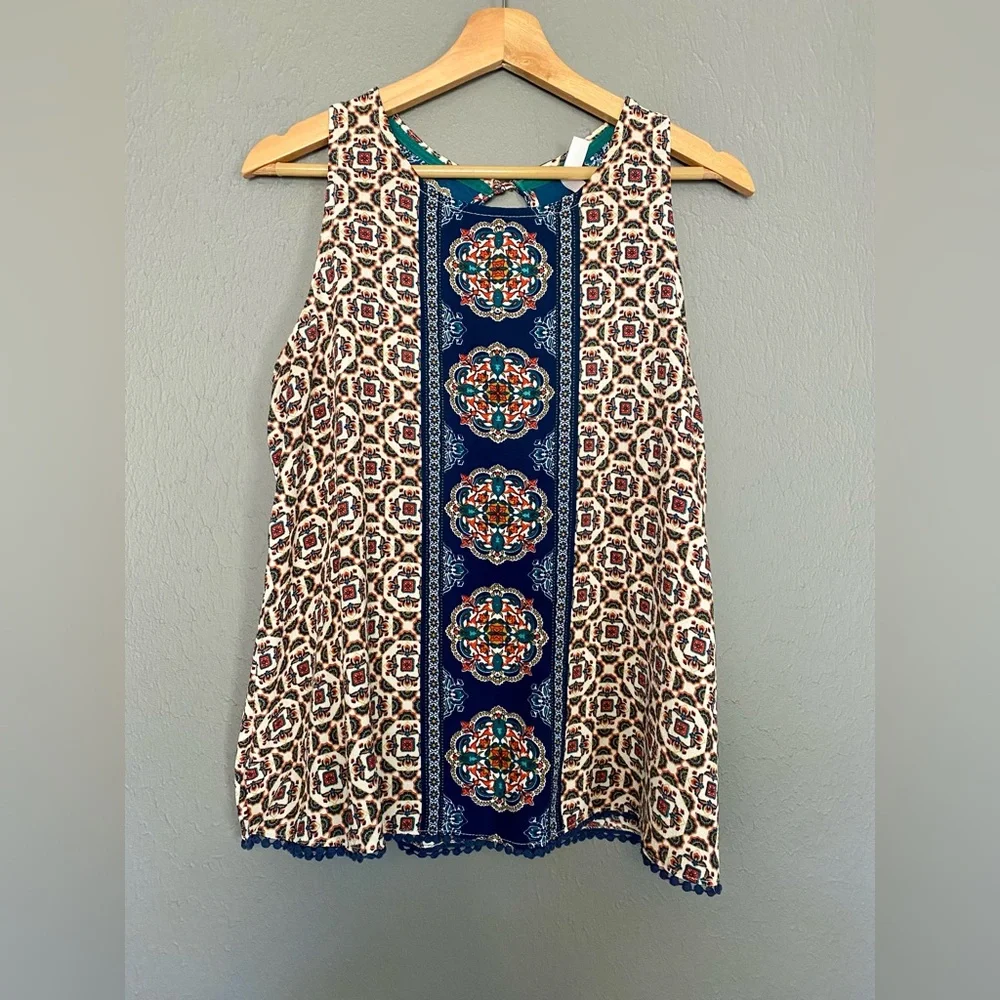 Xhilaration Geometric Tile Print Tank Top Boho Crochet Trim Blue Orange Size L - Picture 3 of 9